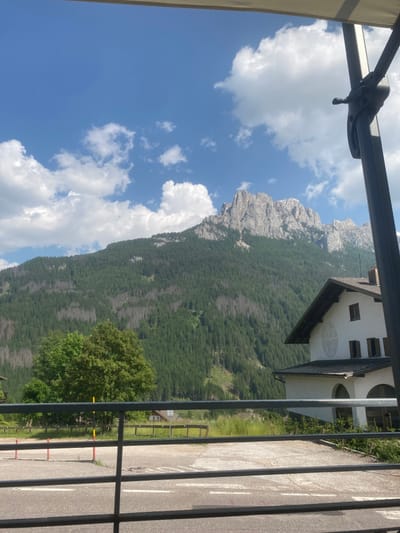 The image shows a view of a mountain range, taken through the bars of a black metal gate in Vigo di Fassa, Italy, at the coordinates 46.421, 11.676. The sky is clear and blue with white clouds. There are trees in the foreground, with a green grassy area in front of a white building with a black roof. The building has a circular design on the side. There are several windows on the building, and the one on the side appears to be arched. The mountain range in the background is rocky and covered in trees. The image is taken from a low angle, looking up at the mountains. The image was likely taken on a sunny summer day.