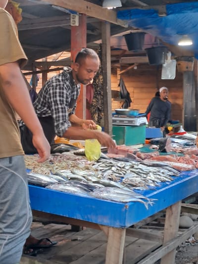 A man in a plaid shirt stands at a market stall, arranging fish. He is facing left, with his right arm extended and holding a yellow bag. The stall is filled with various types of fish, some of which are whole and glistening, while others appear to be filleted. A blue tarp hangs in the background, and wooden structures suggest an outdoor or semi-covered market setting. Another person's arm, wearing a brown shirt, is visible in the foreground. The lighting suggests it is daytime, and the scene appears to be in a humid climate, typical of a Southeast Asian market. The man's expression is focused on his task. The location is identified as Cottarum Tunong, Indonesia.