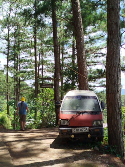 The image depicts a dirt road winding through a pine forest. A person wearing a yellow hat and a blue t-shirt walks away from the camera on the left side of the road. Further down the road, a red van is parked on the right side. A sign hanging on a tree to the left of the van reads "WELCOME TO BERRY GARDEN." The environment is lush and green, with tall pine trees dominating the scene and dappled sunlight filtering through the canopy. The presence of the van and the sign suggests this is likely an entrance to a park or attraction in the Trường An area of Vietnam.