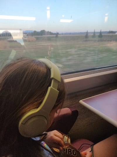 The image depicts the interior of a train carriage, viewed from slightly behind a seated passenger, looking towards the window. The person, identifiable by the back of their head and upper torso, has dark brown hair and wears light green over-ear headphones. Their right hand is visible, holding an open, yellow-packaged bag of HARIBO brand candy. They are seated in a reddish-brown upholstered train seat, with a white, rectangular table featuring a reddish surface partially visible to their right.
Through the train window, a rural landscape is visible under a clear, light blue sky, suggesting either dusk or dawn. The exterior scene features expansive green fields, scattered trees including some resembling cypresses, and faint hills or mountains in the distant background. The visible motion blur in the foreground landscape indicates the train is in transit. Reflections of interior lights and structural elements are apparent on the window glass.
The train is traveling through a rural area, consistent with the landscape surrounding the city of Avignon, France, likely on an approach to or departure from the Avignon TGV station.