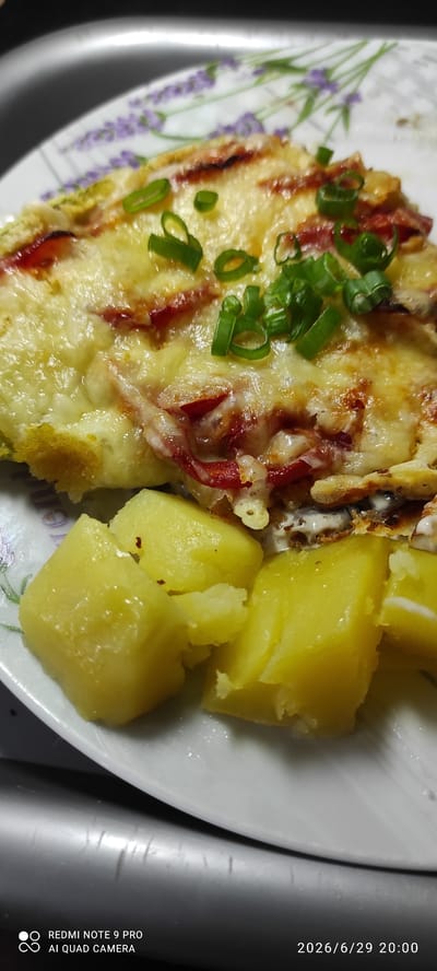 A close-up, top-down shot captures a meal plated on a white ceramic dish with a lavender floral pattern. The dish contains a portion of an omelet topped with melted cheese, red pepper strips, and chopped green onions. Beside the omelet are several cubed pieces of boiled yellow potatoes. The lighting is artificial, casting soft shadows. The image is tagged with location data for Maardu, Estonia, and a timestamp of June 29, 2026, at 20:00.