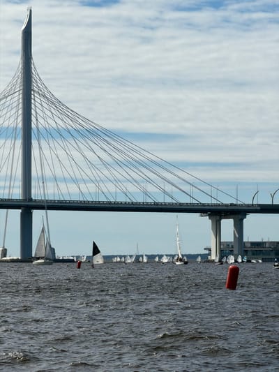 The image shows a body of water with a large cable-stayed bridge spanning across it. Numerous sailboats are scattered on the water, some appearing to be in a race or training exercise. The bridge has a prominent pylon on the left side, with numerous cables fanning out to support the roadway. The sky above is partly cloudy with patches of blue sky visible. In the foreground, a red buoy floats on the water. In the background, there are buildings and trees lining the shore, and traffic can be seen on the bridge. This scene is likely the Neva River in Saint Petersburg, Russia, possibly near the Western High-Speed Diameter bridge.