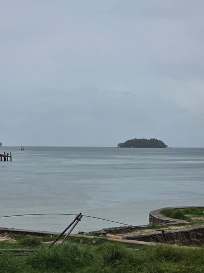A slightly overcast sky hangs over a calm, gray sea. In the distance, a small, verdant island with dense foliage is visible, appearing to be uninhabited. Closer to the shore, the remains of a wooden pier jut out into the water. A yellow buoy floats in the sea to the left of the pier. The foreground of the image is dominated by overgrown green grass and a concrete embankment. A thick wire stretches horizontally across the foreground, supported by two tilted wooden posts. The overall scene suggests a tranquil, possibly rural, coastal environment. The location is Koh Toch Village, Cambodia.