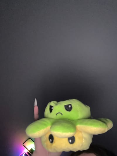 The image shows a plush toy, likely a reversible plush with a sad green side and a happy yellow side, being held up against a dark gray background. A pink stylus or pen is visible to the left of the plush toy. The bottom of the image shows a person's hand and some colorful LED lights. There is no information in the image that would indicate the location in the city of Korostyshiv, Ukraine.