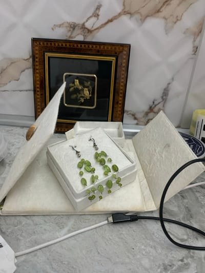 A pair of earrings, each comprising multiple strands of oval-shaped green beads suspended from silver-colored hooks, are presented within an open small white box. This box rests inside a larger, open textured white paper presentation case, the left flap of which is upright and secured by a light-colored wooden button and elastic loop. Behind these items, a square framed artwork depicts two golden-colored owls perched on a branch against a dark background, set within a dark brown frame with a decorative patterned inlay. A black cable with a USB-C connector and a thinner white cable extend across the lower right foreground. The items are situated on a light-colored, subtly veined countertop, positioned against a wall clad with white, textured panels featuring brown marble-like patterns. The scene is located in Balgarsko Slivovo, Bulgaria.