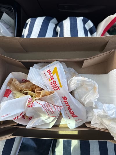 A high-angle close-up shows a partially consumed meal from the fast-food chain In-N-Out Burger inside a cardboard box. The box appears to be discarded and contains used white napkins, a packet of "Spread" sauce, a wrapper for the burger with the In-N-Out logo, and remnants of fries and other food debris. The box is situated on what appears to be a car seat, with a blue and white striped cloth partially visible beside it. The overall impression is that the meal has been eaten and the remnants are being discarded. The image does not contain information to conclude the location of Desert Hot Springs, United States of America.