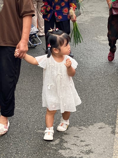 In Chongzhou City, China, an outdoor scene captures a young child, a girl, holding hands with an adult. The child, wearing a white dress adorned with small bows, has her hair styled in two pigtails, each decorated with a colorful ribbon. She is looking to her right, with one hand outstretched as if reaching for something. The adult, partially visible on the left, is dressed in a brown shirt and black pants, holding the child's hand. In the background, other individuals are present, including a person holding a bunch of green onions, and a person in the far right wearing red shoes. The ground appears to be asphalt, with some wet patches, indicating recent rain or a damp environment. A small stroller is also visible in the background.