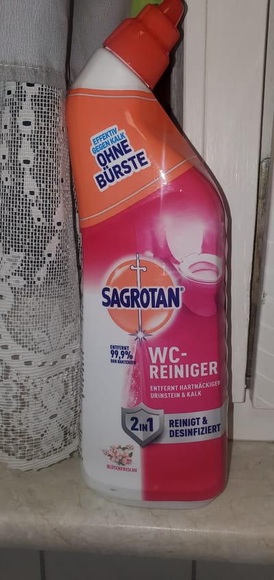 The image shows a bottle of Sagrotan WC-Reiniger, a toilet cleaner. The bottle is predominantly pink and white with orange accents on the cap and the top part of the label. The label features the Sagrotan logo, a sword within a circle, and text indicating it is "EFFEKTIV GEGEN KALK OHNE BÜRSTE" (effective against limescale without a brush). Below this, it states "ENTFERNT 99.9% DER BACTERIEN" (removes 99.9% of bacteria) and "ENTFERNT HARTNÄCKIGEN URINSTEIN & KALK" (removes stubborn urine scale & limescale). A prominent "2IN1" logo is visible, suggesting a dual function, and the text "REINIGT & DESINFIZIERT" (cleans & disinfects). At the bottom, there is an image of pink flowers with the text "BLÜTENFRISCHE" (floral freshness). The bottle is positioned on a countertop next to a white, decorative fabric item. The background appears to be a wall with some trim. There are no people or animals visible in the image. The lighting suggests an indoor setting. The image was taken in Sasbach, Germany.