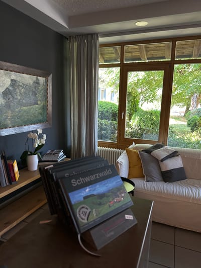 The image captures an indoor scene, likely a room in St. Märgen, Germany, with a large window offering a view of lush greenery outside. In the foreground, a dark wooden table holds a stack of books, one with the title "Schwarzwald" visible. To the left, a wooden shelf contains more books and a white vase with a white orchid. A framed painting hangs on the dark gray wall behind the shelf. The window, with its wooden frame, looks out onto a garden with dense bushes and trees, and a glimpse of buildings in the distance. A white sofa with several decorative pillows—yellow, gray, and black and white—is positioned in front of the window. A radiator is visible beneath the window. The floor is tiled.