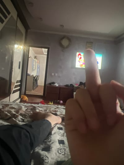 The image shows an indoor scene, likely a bedroom or living area in Bujum, Kyrgyzstan. In the foreground, a person's hand is prominently displayed, giving a middle finger gesture. The hand is blurred and appears to be close to the camera lens.
In the background, there's a television screen displaying a colorful image, possibly a cartoon or animation. To the left of the TV, a small, framed picture is visible on the wall. Further back, a doorway or opening leads to another room, where a bed with blue and white bedding is visible. There is also furniture in this adjacent room.
The main room has patterned bedding on what appears to be a bed or couch, on which a person's legs are visible, wearing dark pants. A small, orange, stuffed animal or toy is on the bed. The room has a somewhat cluttered appearance, with drawers and other objects on shelves. The lighting suggests it could be daytime or evening, but the interior setting makes it difficult to determine the exact time of day or weather. The overall mood conveyed by the gesture is one of defiance or anger. There is no visible text in the image.