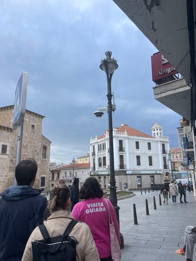 This media file captures an outdoor urban scene in Mérida, Spain, likely a street or plaza, under an overcast sky during daytime. The perspective is slightly angled upwards, looking past foreground elements towards buildings in the mid-ground and background.
In the immediate foreground, facing away from the viewer, are several individuals. One prominent person wears a bright pink long-sleeved top with the white text "VISITA GUIADA" (Guided Tour) printed across the back, strongly suggesting they are a guide or part of a tour group. Another person wears a light beige jacket and a black backpack.
To the left, a tall, ornate black street lamp with a distinctive, flared top stands vertically. Attached to this lamppost, below the main light fixture, is a white, dome-shaped surveillance camera. Partial views of architectural structures, including a concrete overhang, frame the upper left and lower left of the image. A red sign with "ABOGA" (likely part of "Abogacía" or "Abogado" - Law/Lawyer) is visible on a building on the upper left.
The mid-ground features a large, ornate white building with multiple windows and a tiled, reddish-brown roof, possibly a historic structure. The name "ABANCA," a Spanish bank, is visible on its facade. The ground is paved with light-colored stones, and several black bollards line the edge of the street or pedestrian area. In the background, more people are visible, some walking, and additional buildings of varying architectural styles can be seen under the expansive, light blue-grey sky. The overall atmosphere appears calm, indicative of a typical day in a city center.