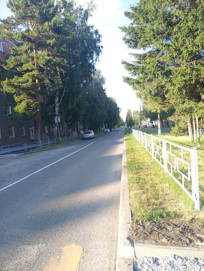 This is a photograph taken from a street-level perspective, looking down a two-lane road lined with trees. On the left side of the road, a building with multiple windows is visible, and large pine and birch trees stand in front of it. On the right side of the road, there is a white metal fence, a grassy area, and more trees. Several cars are parked and driving on the road. The sky is visible and appears to be clear. The image depicts a typical urban street scene, likely in a residential or mixed-use area. Based on the provided context, the scene is located in the city of Yurga, Russia.