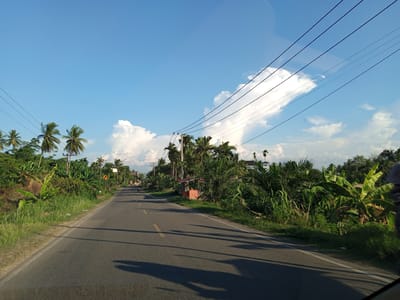 A rural road in Kutameuligoe, Indonesia, is captured from a moving vehicle, likely a car, given the perspective and the hint of a windshield wiper mark in the foreground. The asphalt road stretches into the distance, bordered by lush green vegetation on both sides, including palm trees and banana plants. Overhead, power lines crisscross the bright blue sky, which is dotted with fluffy white clouds. A yellow directional sign is visible on the left side of the road, and a motorcycle can be seen in the distance, traveling in the same direction as the viewer. The scene is bathed in the warm light of the late afternoon sun, casting long shadows across the road. There are no identifiable individuals in the frame, aside from the driver of the motorcycle. The environment suggests a tropical, undeveloped area.