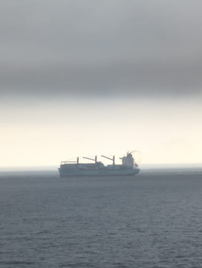 A container ship sails on the ocean under a hazy sky. The ship is long and flat, with stacks of containers visible on its deck. Cranes are also present on the ship. The water is dark and choppy, with small waves. The sky is overcast, with a light gray haze that obscures the horizon. There are no people or buildings visible in the image. The scene appears to be at sea, possibly near the coast of Shimoda, Japan, a city known for its port and maritime activities.
