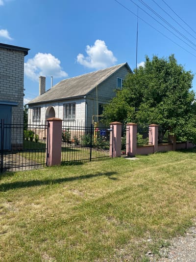 In Vasylky, Ukraine, a light brick house with a gray, corrugated roof is visible behind a black metal fence. The house has multiple windows with bars, a prominent brick chimney, and an arched entranceway. In front of the house, there are rose bushes and other low-lying plants. A street sign with the inscription "вул. Леніна 23" is attached to one of the pink-topped fence posts. To the left of the house, another building, partially visible, is constructed from lighter colored bricks. A large green tree stands to the right of the house, partially obscuring the view of the sky, which is blue with scattered white clouds. Power lines are strung across the upper right portion of the image. The foreground is a grassy lawn with patches of dry grass.
