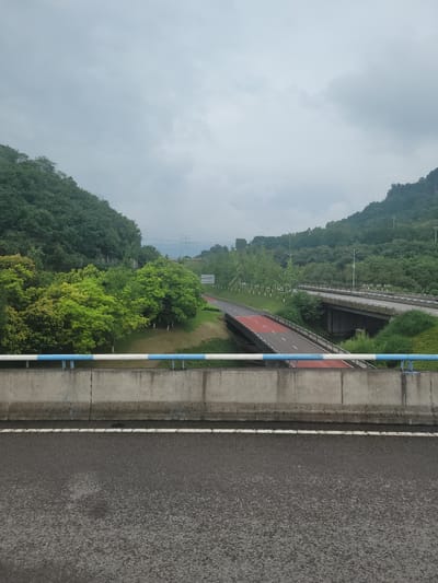 The image depicts a view from a highway overpass, looking down and across a valley. The foreground features the asphalt of the highway, with a concrete barrier topped by a blue and white striped railing separating it from a lower level. Below the railing, a distinct red-colored lane, likely a bike path or jogging track, is visible running parallel to a road that spans across the valley via a bridge. This lower road and path are bordered by lush green trees and grassy slopes. In the background, a larger bridge supports another section of highway, also bordered by trees and vegetation. The landscape is characterized by rolling hills covered in dense green foliage, indicative of a natural, possibly semi-rural or park-like setting within a city. The sky is overcast with a uniform gray cloud cover, suggesting a muted or dull lighting condition. Power lines and poles are faintly visible in the distance, hinting at the presence of infrastructure within the wider environment. The scene appears to be devoid of any visible people or vehicles in motion. Based on the prompt, this scene is located in Yufengshan, China.