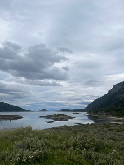 A landscape image displays a body of water mirroring a cloudy sky. Green vegetation lines the right edge, possibly a shoreline. Rocky islets punctuate the water's surface. Jagged mountains rise prominently on the left, blending with the sky's muted tones. The picture's perspective is rotated ninety degrees counter-clockwise, causing a vertical orientation. The overall atmosphere is serene and overcast.