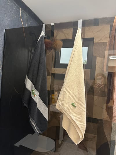 A photograph depicts two towels on a dark, reflective surface, potentially a countertop or shelf. The towels are branded with the Lacoste logo, one in a light beige color and the other in a black and gray stripe. The beige towel is hanging from a metal rod, while the black and gray towel rests on the surface below.
The background features a brown and gray geometric pattern on the wall. There is also a small, rectangular window or mirror in the wall's background. A faint reflection of a person holding a phone is visible in the upper portion of the reflective surface.
The lower left corner reveals a black tiled floor with golden veining.
The location in the city of Resilovo, Bulgaria, cannot be determined from the visual information alone.