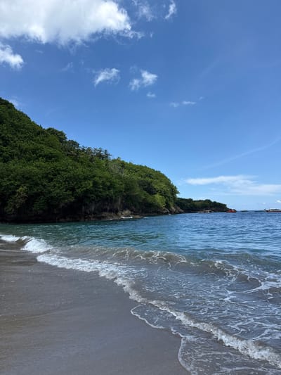 The image shows a beach landscape in Sakti, Indonesia. A coastline is visible with a sandy beach meeting the ocean. A lush, green hillside covered in dense vegetation borders the beach. The sky is blue with scattered white clouds. Ocean waves are present along the shoreline. Cargo ships in the ocean are visible in the distance.