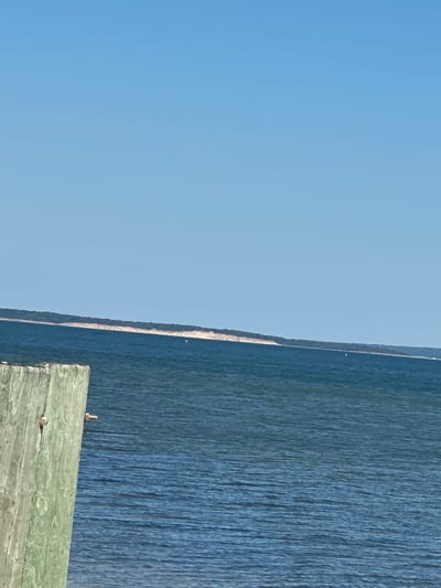 This media file is a photograph taken outdoors. The scene is divided diagonally. The left side of the image is a clear, pale blue sky, suggesting daytime. The right side of the image is a body of dark blue water, with the texture of ripples or waves visible, indicating movement. Along the horizon, a thin strip of land, possibly a coastline or a distant shore, is visible, with a sandy or light-colored appearance. In the foreground, occupying the bottom right portion of the frame, is a weathered wooden surface. This surface is greenish in color and appears to be part of a dock or pier, with two visible metal fasteners, likely screws or nails, embedded in it. One fastener is larger and stands upright, while the other is smaller and lies flatter. The overall impression is of a serene, natural setting, likely near a body of water, under a bright sky. There is no discernible activity or event taking place, and no text is visible in the image.