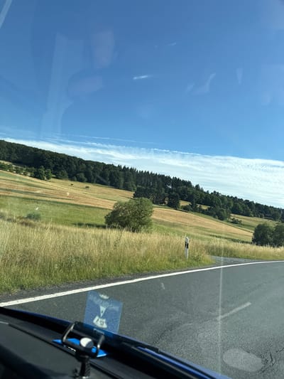 This is a vertically oriented, slightly blurry photograph taken from inside a vehicle looking out. The scene appears to be a rural landscape on a sunny day, likely in the afternoon given the bright light. The sky is a vibrant blue with wispy white clouds streaking across it.
To the left of the frame, there are reflections in the vehicle's window, including what looks like a person's face and shoulders. The main subject of the photograph, however, is the landscape. A large, dark green forest borders a gently sloping field. The field itself is a mosaic of different colors, with swathes of golden-brown dry grass, lighter green patches, and rows of darker vegetation, possibly crops or planted trees. The textures of the field suggest it might have been recently harvested or is in varying stages of growth.
To the right, a paved road with a white line marking its edge runs parallel to the field. The road surface is asphalt and appears dry. There are subtle reflections on the road, possibly from the sky or passing clouds. A small white marker post with black markings is visible along the side of the road, just at the edge of the field. In the foreground on the right, the dark blue edge of the vehicle is visible, including a side mirror and what appears to be a blue sign with white symbols reflected on the window. The sign is partially obscured but seems to contain a white arrow and possibly a person icon.
The overall impression is one of a peaceful, scenic drive through the German countryside. The time of day is likely midday or afternoon, indicated by the clear sky and strong sunlight casting shadows. The weather is fair and sunny.