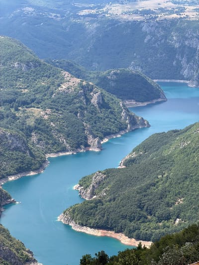 This is a high-angle, full-shot photograph of a winding, turquoise river flowing through a deep gorge. The steep, rocky sides of the gorge are densely covered in dark green trees. The river's water is a vibrant blue, reflecting the clear sky. In the distance, the landscape opens up to rolling hills with patches of vegetation and what appear to be scattered buildings. The scene depicts a natural, remote landscape. The location is identified as Dubljevići, Montenegro.