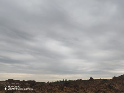 The image depicts a landscape under a cloudy sky, likely in the city of Murashi, Russia. The foreground is dominated by a large pile of brown earth, appearing to be a construction or excavation site, with scattered debris and some wooden planks visible. In the mid-ground, a line of trees forms a natural border against the horizon. The sky is filled with a dense layer of grey clouds, suggesting overcast or approaching weather. A watermark in the bottom left corner indicates "HONOR 90 200MP Matrix Camera." There are no people or animals visible in the scene. The overall impression is one of a raw, undeveloped, or altered natural environment.