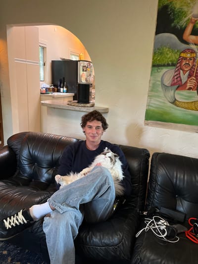 A smiling man sits comfortably on a black leather couch, holding a fluffy white and gray cat on his lap. He has short, dark curly hair and is wearing a dark blue long-sleeved shirt and light-colored denim jeans. His feet, clad in white socks and black sneakers with white laces, rest on the other side of the couch or a footrest. The cat, appearing relaxed and calm, has long white fur with darker markings on its face, ears, and tail, and it looks off to the side.
Behind the man, a large, colorful painting hangs on a light-colored wall. The artwork depicts two figures: one appears to be a man with a patterned headdress, a mustache, and a white garment, playing a wind instrument. The other figure has a green, scale-like, possibly mermaid-like tail. The background of the painting is predominantly green, suggesting foliage.
To the left of the man (as if the image were properly oriented), an arched doorway leads into another room, likely a kitchen or dining area. Visible through the archway is a light-colored countertop, a dark-colored appliance (possibly a microwave or coffee maker), and a refrigerator adorned with magnets and papers. Various jars and bottles are also visible on the counter. The overall setting appears to be a cozy indoor living space, with natural light suggesting it is daytime. On the armrest of the couch next to the man, there are tangled wires and headphones, indicating a lived-in environment. No legible text is visible in the image.