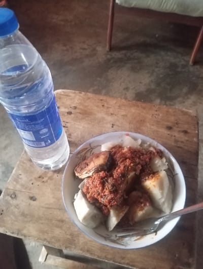 This image depicts a prepared meal set on a rustic wooden stool, within an indoor environment in Okere-Urhobo, Nigeria. The central subject is a white bowl containing several pieces of light-colored, likely boiled yam or a similar tuber, topped with a generous portion of reddish-brown stew or sauce. Embedded within the stew are dark, irregularly shaped pieces consistent with fried or roasted fish. A silver-colored fork rests inside the bowl, positioned on the right side. Adjacent to the bowl, on the left, is a clear plastic bottle of water with a blue cap and a partially visible blue label identifying it as "AQUAFINA." The bottle is approximately two-thirds full. The wooden stool supporting these items is light brown, unvarnished, and shows signs of wear, including visible grain and some darker marks. In the background, a mottled grey concrete floor is visible, along with the lower section of a wooden chair featuring a light green upholstered cushion. No individuals or active interactions are present in the scene.