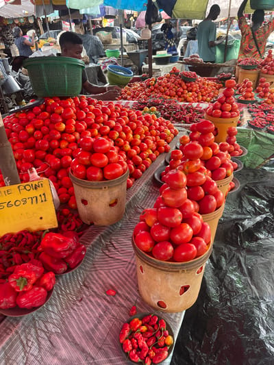 A busy produce stand in Ojodu, Nigeria, showcases an abundant display of tomatoes and peppers. Large quantities of ripe red tomatoes are piled on a table and also contained in several cylindrical containers with holes. Other red pepper varieties and habanero peppers are offered in small bowls on the right side of the stand. A yellow pricing sign is visible near the front. Several people, including the vendor, are present, engaging in the buying and selling of goods, with an assortment of other produce stands visible in the background. Overhead tarps or awnings provide shade.