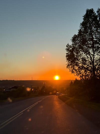 The image depicts a sunset over a rural or semi-rural landscape, viewed from alongside an asphalt road. The sun, a bright and distinct orange-yellow disc, is prominently positioned low on the horizon, dominating the right side of the frame with its intense glow. The sky transitions from a soft blue-grey in the upper left to vivid oranges and yellows surrounding the sun.
A large, dark tree silhouette, with its intricate branches, frames the upper portion of the scene. Along the horizon line, distant land or structures appear as a dark, indistinct band.
On the right side of the image, the asphalt road stretches into the distance, marked by a double solid yellow line. A light-colored vehicle, possibly a car or truck, is faintly visible on the road, driving away from the viewer towards the setting sun. The road surface subtly reflects the warm, golden light.
Notable details include significant lens flare, particularly a bright circular artifact near the sun and several smaller, diffused light anomalies scattered across the image, especially over the road. These flares suggest direct light entering the camera lens. The overall image has a soft focus and a grainy quality, characteristic of low-light photography. The scene captures the tranquil beauty of dusk. No visible text is present in the image. The setting is inferred to be in or around Зыково, Russia.