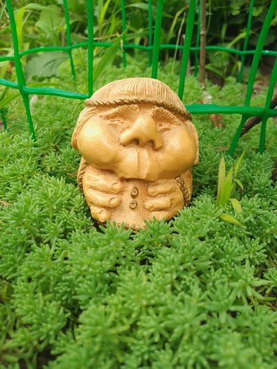 A close-up, eye-level shot shows a small, tan-colored garden gnome nestled amongst a dense carpet of bright green, succulent ground cover. The gnome has a rounded face with prominent cheeks, a bulbous nose, and closed eyes. It wears a braided headband and a jacket with two visible buttons. Its small hands are clasped together in front of its chest. Behind the gnome, a green plastic mesh fence is visible, with blurred green foliage and thin, brown branches beyond it. The overall impression is a whimsical garden setting. The location is identified as Solonytsivka, Ukraine.