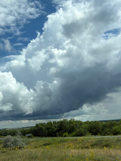 This image captures a landscape scene dominated by a dramatic sky filled with a mix of bright white cumulus clouds and darker, more ominous storm clouds. The clouds occupy the majority of the frame, with the lower portion showing a rural or semi-rural environment.
In the foreground, there is a grassy field with scattered yellow wildflowers. A paved road runs horizontally across the middle ground, bordered by a line of dense green trees. To the left of the road, there is a light-colored bush or small tree, and a simple metal road sign. Further back, to the right of the road and amongst the trees, a wooden structure resembling a power pole or a rudimentary tower is visible. The background shows rolling hills and a distant treeline under a hazy sky.
The scene appears to be located in or near the city of Priuralsky, Russia, given the context provided. The overall impression is one of natural beauty, with the dynamic sky suggesting a change in weather. There are no people or animals visible in the image.