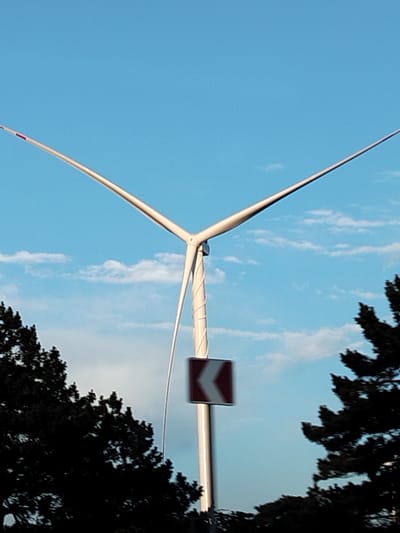 In Urbnisi, Georgia, a wind turbine stands against a bright blue sky with scattered white clouds. The turbine has three long, white blades, two of which are visible, extending upwards and outwards. The central tower of the turbine is cream-colored and appears to have a spiral texture. In the foreground, silhouetted dark green trees flank the scene. To the right of the turbine's tower, a white pole supports a traffic sign with a red border and a white chevron pointing to the left, indicating a turn. The sign is partially blurred, suggesting movement or a shallow depth of field. The lighting suggests it is daytime, possibly late afternoon or early morning, due to the clear sky and the contrast between the illuminated turbine and the shadowed trees.