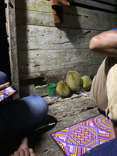 This is a low-light, medium-shot photograph taken outdoors at night, likely in the village of Lamtui, Indonesia, given the context of durian fruit. The scene is set on a rustic wooden surface, possibly a porch or deck, with a weathered wooden wall as the backdrop. In the foreground, a person wearing dark blue jeans is seated on the left, holding a smartphone that displays an image. Their left hand is visible, holding the phone. To the right of this individual, a collection of three durian fruits is arranged on the wooden surface. One durian is in the center, appearing larger and spikier than the two smaller ones flanking it. A green plastic cup and a clear plastic cup lie near the durians. Further to the right, another person is seated, wearing light brown or khaki pants. Their legs and lower torso are visible, and their knee is prominent. The ground is a rough wooden plank. A colorful mat with geometric patterns in purple, yellow, and pink is placed on the wooden surface in the lower right corner of the image, partially beneath the person in khaki pants. The wooden wall behind the subjects shows signs of age and weathering, with visible grain and scattered holes. A dark fabric, possibly clothing, hangs from the top of the wall on the left. The lighting is dim and atmospheric, casting shadows and highlighting the textures of the wood and the durian fruits.