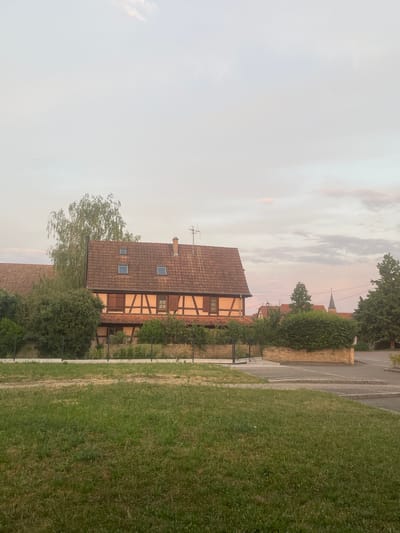 The image captures a view of a street in Gerstheim, France, during what appears to be either sunrise or sunset. In the foreground, a patch of green grass is visible, with a paved area and a slight incline to the right. Beyond the grass, a fence separates the foreground from a street and a row of buildings.
The most prominent structure is a large, two-story building with a reddish-brown tiled roof. The upper portion of this building features a distinctive half-timbered style, with exposed wooden beams against an orange-colored plaster. Several windows are visible on this level, including two dormer windows on the roof. A chimney extends from the roof, along with an antenna.
To the left of this main building, another building with a similar roofline is partially visible, suggesting a continuous row of houses. Lush green trees and bushes surround the buildings, creating a sense of greenery within the urban setting.
In the background, a tall, slender church spire can be seen piercing the sky, indicating the presence of a church or cathedral within the town. The sky is predominantly a pale, overcast blue with hints of pink and orange, further suggesting the time of day is early morning or late evening. The overall impression is one of a quiet, residential street in a European town, bathed in soft, natural light. There are no people or animals visible in the image.