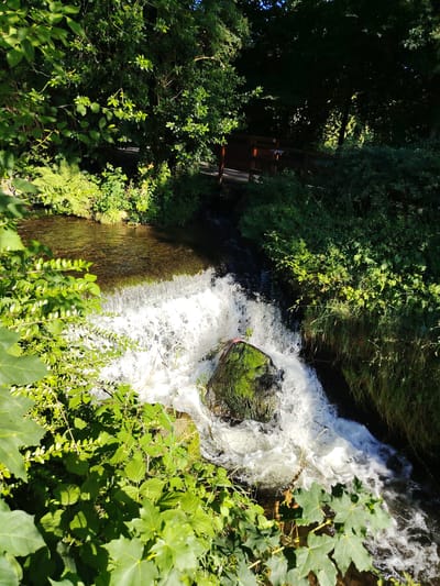 The image shows a small waterfall in a natural setting. Lush green foliage surrounds the waterfall, with trees forming a canopy overhead. A wooden footbridge can be seen in the background, spanning across the water. The water itself is turbulent, cascading over rocks covered in moss. The lighting suggests it is daytime, with sunlight filtering through the leaves. This scene is located in the city of Achern, Germany.