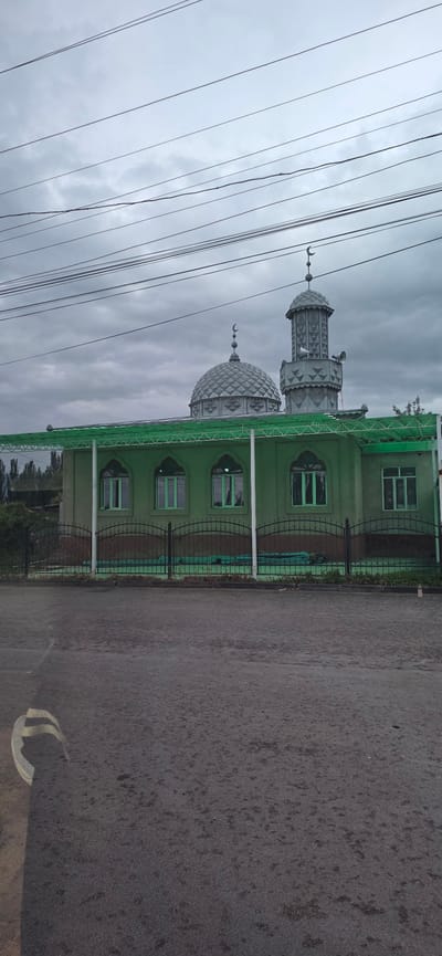 The image shows a mosque in the city of Kara-Oy, Kyrgyzstan. The mosque has a green exterior with several arched windows. It is topped with a dome and a minaret, both decorated with a diamond pattern. A crescent moon adorns the top of both structures. A green awning extends from the front of the mosque, supported by white pillars. A black metal fence encloses the property. In the foreground, a paved road with scattered debris is visible. The sky is overcast with heavy clouds. The scene is devoid of people, and no actions or interactions are depicted.