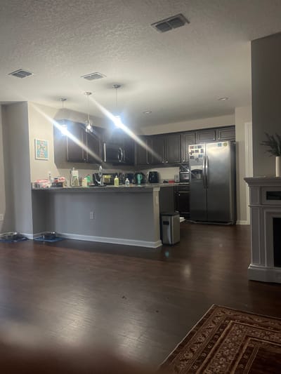 This is a medium-wide shot of a kitchen and living area. The kitchen has dark wood cabinets, a stainless steel refrigerator, and a gray countertop with a sink. There are several light fixtures hanging from the ceiling. In the foreground, the dark wood floor is visible, along with a rug and two dog bowls. A large gray column is on the left side of the image, and a gray fireplace is on the right. The image appears to be taken in a residential setting. The exact location in Jacksonville, United States of America cannot be determined from the image alone.