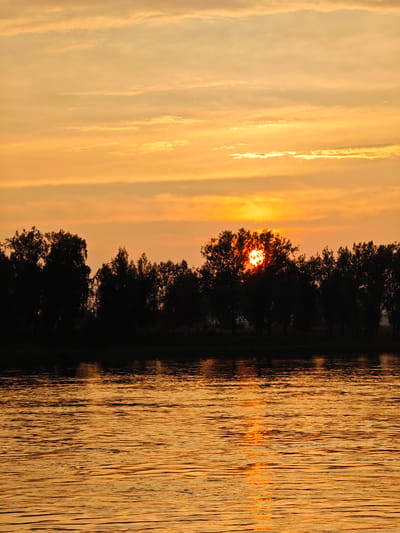 The image depicts a serene natural scene at sunset. A body of water, reflecting the warm hues of the sky, occupies the foreground. The water's surface is rippled, creating a textured pattern. Silhouetted trees form a dark line along the horizon, their forms stark against the vibrant sky. The sun, partially obscured by the trees, is low in the sky, casting a brilliant orange glow. The sky is filled with streaks of clouds, also illuminated by the setting sun. The overall impression is one of tranquility and natural beauty. The location provided, Maloe Nakhval'skoe, Russia, suggests a rural or undeveloped area where such a natural landscape would be present. No people, specific objects, or actions are visible in the image.