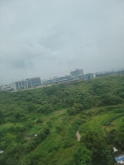 An aerial, slightly angled view captures a sprawling green landscape with modern buildings in the distance, situated in Yufengshan, China. The foreground is dominated by a dense, undulating expanse of lush green trees and foliage, interspersed with patches of cultivated fields and a winding, muddy stream. A narrow dirt path meanders through the greenery, where a white vehicle is parked. Several utility poles with visible wiring are scattered throughout the landscape. In the middle ground, a cluster of contemporary multi-story buildings, characterized by their modern architecture and reflective glass facades, are visible. The buildings appear to be part of an industrial or office park. Further in the distance, more urban structures and the hazy outlines of more distant buildings can be seen against a cloudy, overcast sky. The overall impression is one of a developed area integrated with a significant natural environment.