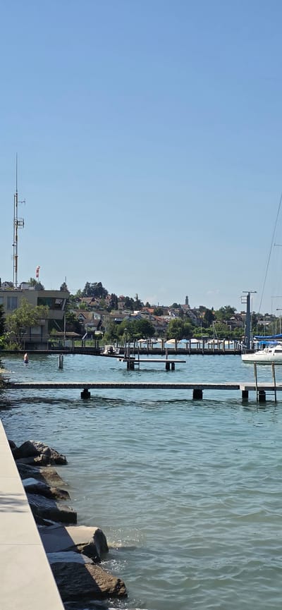 The image depicts a waterfront scene in Oberrieden, Switzerland, on a clear, sunny day. In the foreground, a concrete promenade runs along the left edge of the frame, bordering a rocky shoreline. The water, which appears to be a lake, is calm with small ripples. Several wooden piers extend into the water, with one prominent pier in the middle ground. A person is visible in the water near the left side of the frame, seemingly swimming or wading.
In the midground, a cluster of moored boats are visible, some with white covers. A white sailboat with a mast is docked on the right side. Behind the waterfront, a hillside town is visible, characterized by numerous houses with red-tiled roofs and lush green trees. A prominent telecommunications tower with an anemometer and a windsock stands on the left side of the town. The sky is a clear, pale blue. The overall scene conveys a peaceful, leisurely atmosphere typical of a summer day at a lakeside town.