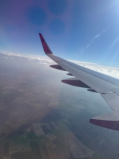 The image presents an aerial view captured from the window of an aircraft, primarily featuring the right wing. The wing is silver-grey with a magenta winglet, displaying the text "wizzair.com" vertically. The aircraft is flying above a layer of stratiform and cumulus clouds. Above the wing, the sky is clear blue, with prominent sun glare and lens flare artifacts present in the upper right, alongside a faint contrail. Below the cloud layer, the visible groundscape is an agricultural region, characterized by a patchwork of cultivated fields in various shades of green and brown. A small village or settlement, comprising several buildings and a network of roads, is discernible within this rural terrain. The scene depicts an elevated view over the area of Temse, Belgium. No individuals are visible.