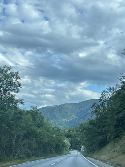 The image depicts a scenic road leading towards a mountainous landscape under a cloudy sky. The road is paved and appears to be a two-lane highway with white dividing lines. Lush green trees line both sides of the road, with dense foliage creating a tunnel effect. In the distance, rolling hills covered in trees rise up to meet the sky, which is filled with dramatic, textured clouds. There are no people visible in the image. The location is identified as the city of Zlatirat, Bulgaria. The scene suggests a rural or mountainous area, likely a popular route for scenic drives. The weather appears overcast, but not actively raining.