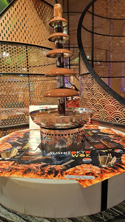 This is a vertically oriented photograph of a chocolate fountain and a buffet setup, likely in a restaurant. The chocolate fountain is the central focus, with melted chocolate flowing down its tiered structure. The fountain is made of stainless steel, and the chocolate appears to be a rich milk chocolate color. In the background, there's a decorative screen with a repeating circular pattern, suggesting an Asian-inspired or modern interior design.
To the right of the chocolate fountain, there are several large, laminated posters advertising "SUSHITOKY WOK." These posters feature images of food, including what appears to be a stir-fry with chopsticks, and flames, conveying a sense of heat and deliciousness. The "SUSHITOKY" logo is prominent on these posters, along with the Pepsi logo, indicating a potential partnership or sponsorship. Some text is visible on the posters, including the word "CAUTION" and a message in Spanish about respecting food and life, with a penalty for wasted plates.
A person is partially visible in the reflection on the stainless steel of the chocolate fountain, looking towards the buffet. The overall lighting suggests an indoor setting, possibly during a meal service. The environment appears clean and well-maintained, typical of a buffet restaurant. The location context provided is Carretera De San Martín, Spain, which helps to place the scene within a specific geographical area. The image captures a common element of buffet dining, emphasizing the variety and appeal of the food offerings.