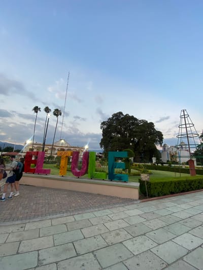 The image shows a park area in Santa María del Tule, Mexico, with a large sign spelling "EL TULE" in colorful block letters. Behind the sign, there's a government building, three palm trees, and the sky with a few clouds. In the background, on the left, there is a large tree. A few people are standing in the lower right corner. A brick-paved walkway is in the foreground on the right side.