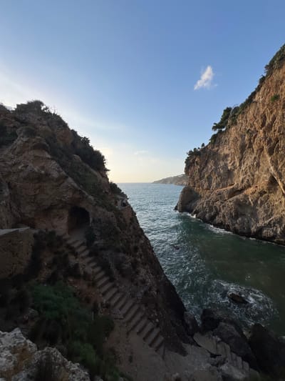 The image captures a dramatic coastal scene with steep cliffs meeting the ocean. The perspective is from a high vantage point, looking down and across a narrow inlet. The rocky cliffs are rugged and textured, with sparse vegetation clinging to their surfaces.
On the right side of the frame, a set of stone stairs descends along the cliff face, leading towards the water. The stairs appear worn and somewhat dilapidated, suggesting an old or infrequently used path. A small, dark opening in the cliff, possibly a cave or tunnel, is visible near the stairs.
The sea is a deep, murky green, with waves breaking against the rocks and creating white foam. The water appears slightly choppy. A faint silhouette of a person can be seen in the water, suggesting someone might be swimming or enjoying the sea.
The sky is a clear, pale blue, with a gradient of lightness near the horizon, indicating it might be late afternoon or early morning. A single, small white cloud is visible in the upper left portion of the sky. The overall mood is serene and perhaps a little rugged, emphasizing the raw beauty of the natural landscape. The location is identified as Trappeto, Italy. There is no visible text in the image.