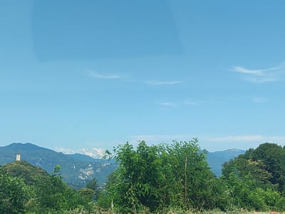 The image depicts a landscape scene with mountains and lush greenery. In the foreground, dense green foliage and bushes obscure the lower part of the frame. Behind the foliage, a small tower stands on a hilltop to the left, overlooking a valley. Further in the distance, snow-capped mountains rise against a clear blue sky with wispy clouds. The scene suggests a rural or mountainous area, possibly in the vicinity of Borghetto, Italy, given the presence of a tower and the mountainous terrain often found in such regions. There are no people or animals visible in the image. The lighting indicates it is daytime, likely late morning or early afternoon, with bright sunshine illuminating the landscape. The overall impression is one of natural beauty and tranquility.