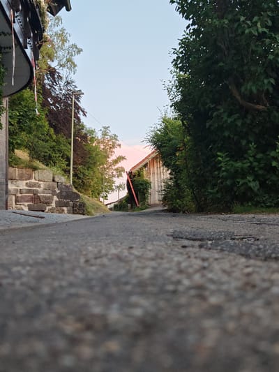 The image depicts a street scene in Obergünzburg, Germany, at what appears to be dusk. The perspective is low to the ground, looking up an asphalt road. On the left side of the road, there is a low stone wall constructed from irregular blocks, topped with greenery and trees. A gray utility pole is visible behind the wall. Further up the incline on the left, more trees and dense foliage are present, with a hint of a building or structure under eaves with decorative elements and hanging ribbons.

On the right side of the road, a dense, dark green tree canopy dominates the foreground and mid-ground, obscuring much of the view. Behind the trees, a section of a white wooden building with a red roof is visible. A red pole or support structure is leaning against the building. The sky above is clear with a soft pinkish hue near the horizon, indicative of sunset or sunrise. The road itself appears worn, with some cracks and patches visible. No people or animals are present in the frame. The environment suggests a residential or rural setting within the town.