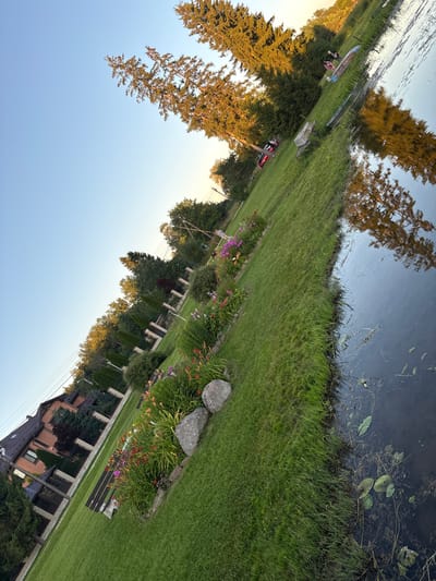 The image depicts a grassy yard adjacent to a dark body of water, likely a pond or slow-moving stream. Tall trees line the far bank of the water, their reflections shimmering on the surface. The yard itself is well-maintained, with neatly cut grass and a flower bed featuring various colorful blooms, including pinks and oranges. Two large rocks are situated near the flower bed. In the background, a red brick house with dark-tiled roofs and large windows is visible, bordered by a fence and more greenery. Several power lines traverse the sky. To the left of the water, a narrow boat is beached on the grass, and further down, a smaller boat or raft is also present. Two individuals are seated near the beached boat. The scene is bathed in the warm light of what appears to be late afternoon or early evening. The location is specified as Chikino, Russia.